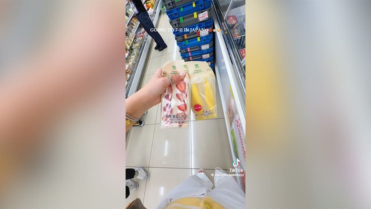 Content creator and internet personality Darcy McQueeny bought the viral egg salad and fruit-and-whipped-cream sandwiches while at a Japanese 7-Eleven.