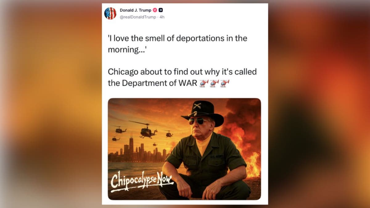 Screenshot of Trump’s post showing him in military uniform against a fiery backdrop with helicopters, styled after Apocalypse Now.