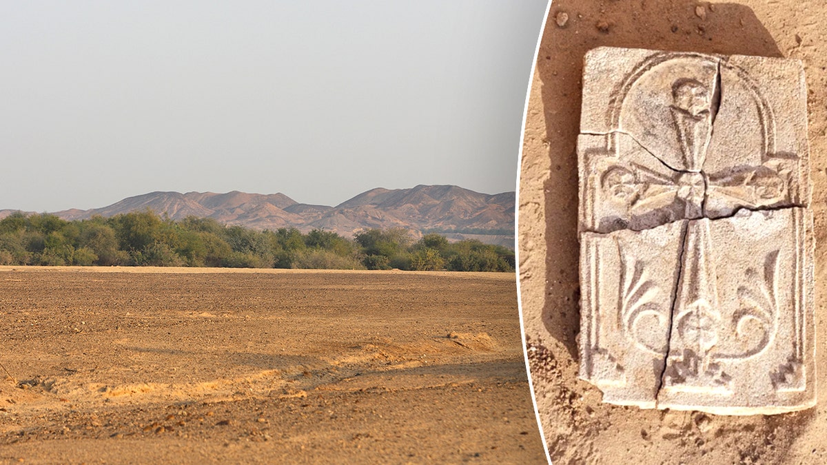 Split image of Sir Bani Island landscape, Christian cross