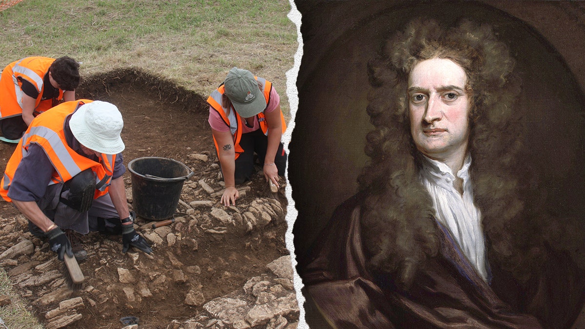Split image of excavation at Isaac Newton's mother's house, Isaac Newton portrait