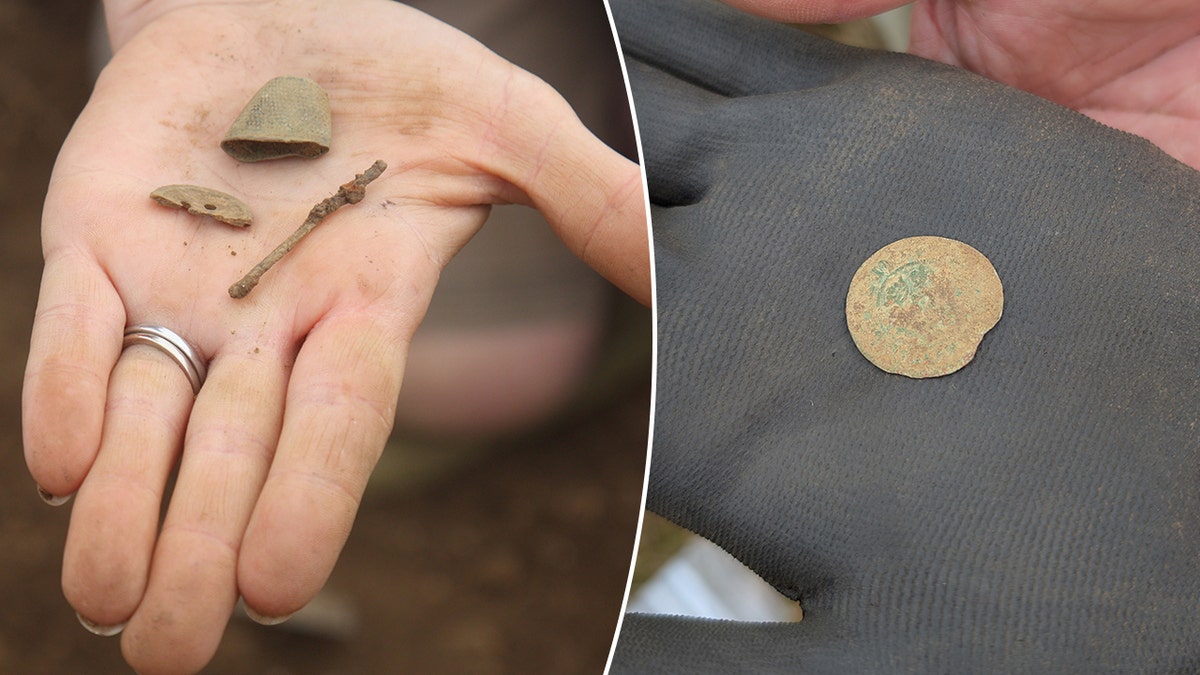 Split image of hand holding needle artifacts, second hand holding coin