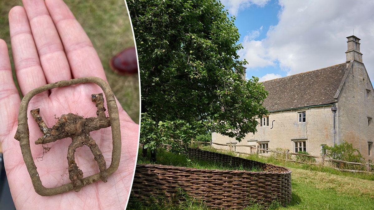 Split image of hand holding buckle, Woolsthorpe Manor