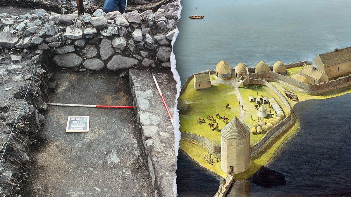 Split image of stones at site, depiction of castle