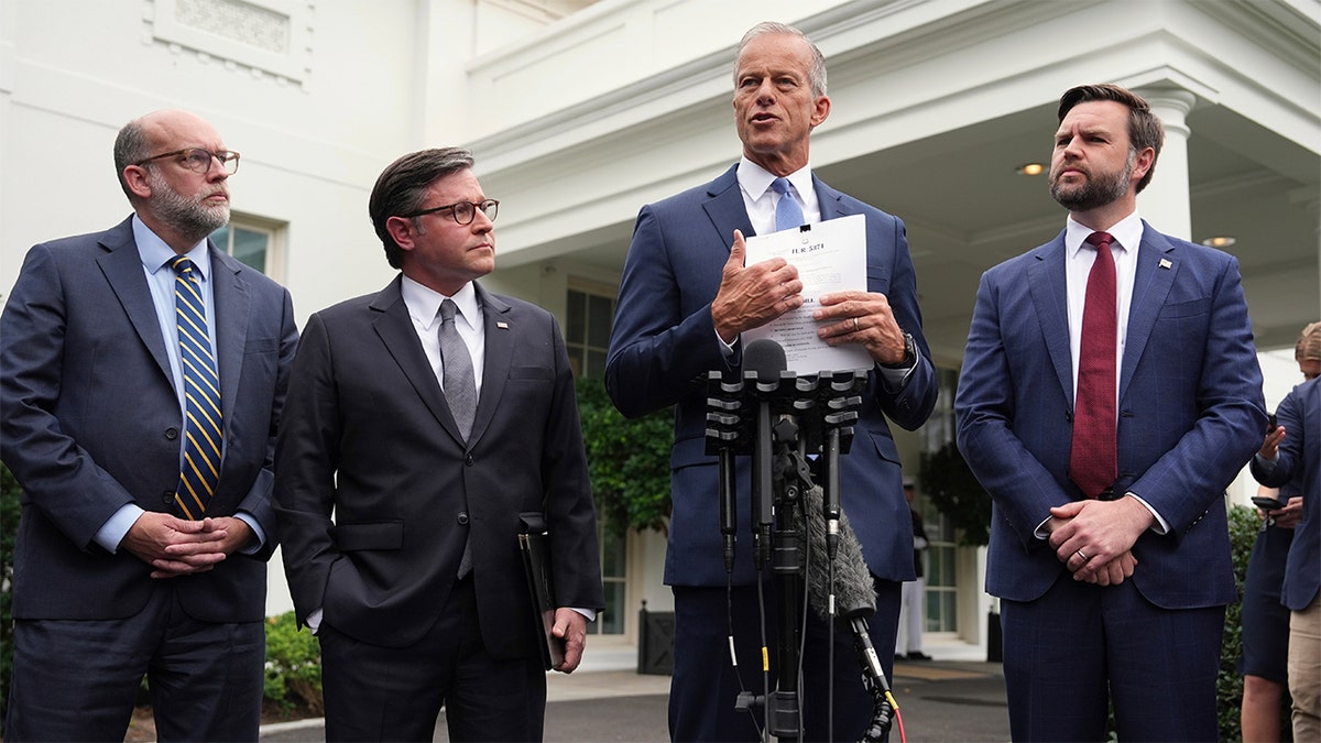 Vice President JD Vance, Senate Majority Leader John Thune, House Speaker Mike Johnson, and Office of Management and Budget director Russell Vought