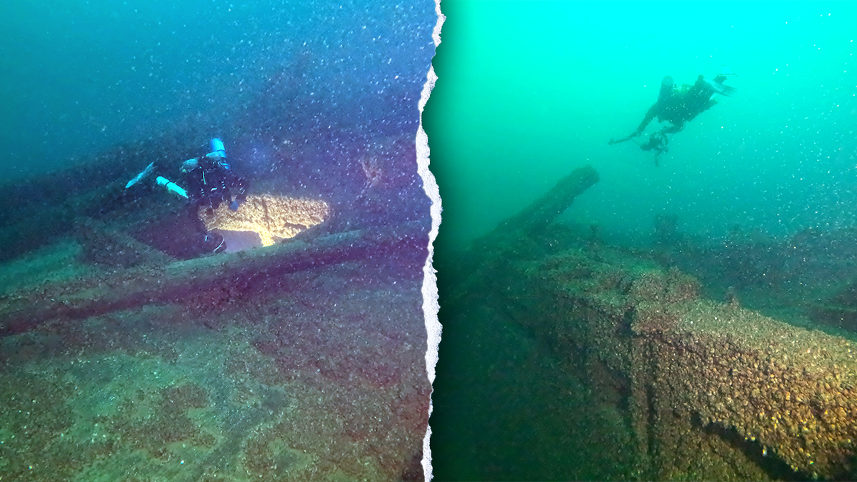 Split image of divers at shipwreck site
