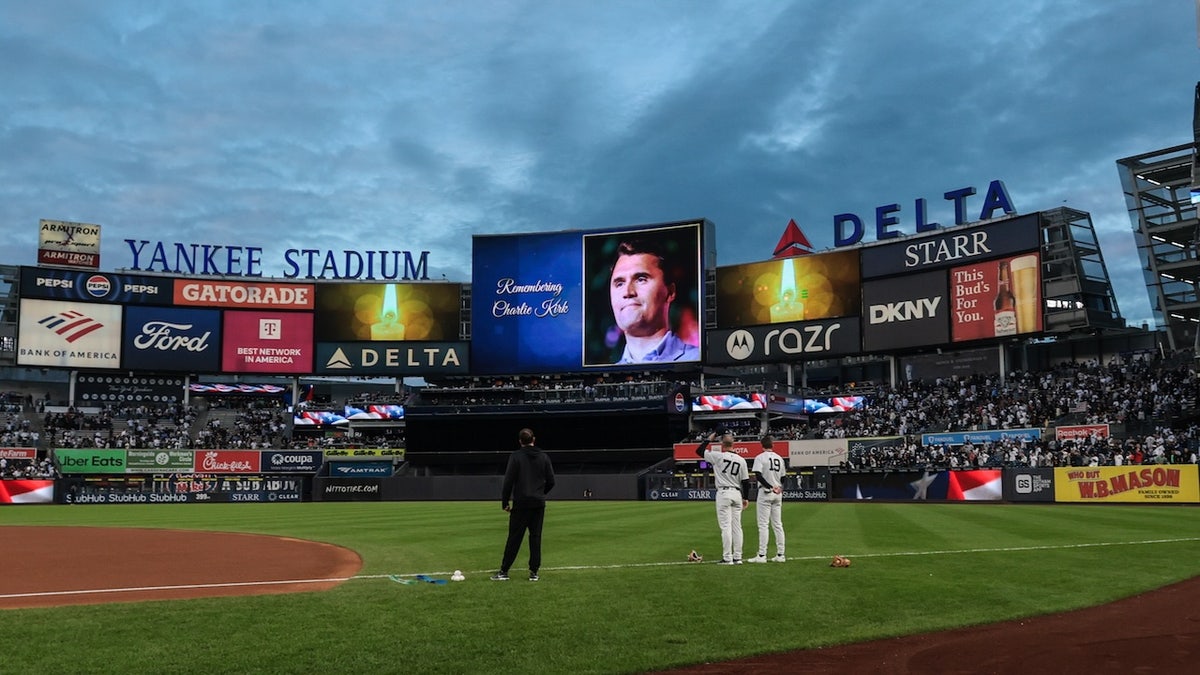 A general view of the main scoreboard at Yankee Stadium during a moment of silence for Charlie Kirk before the game between the New York Yankees and the Detroit Tigers. 