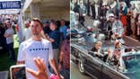Left split photo of Charlie Kirk, right split photo a photo of JFK in vehicle before he was killed