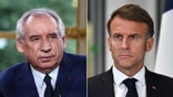 split photo of France's Prime Minister Francois Bayrou in blue suit and French President Emmanuel Macron in black suit standing at podium