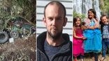 split photo of bike hidden in wilderness, dad, three kids