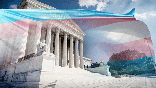 Trans flag flies over a photo of SCOTUS building