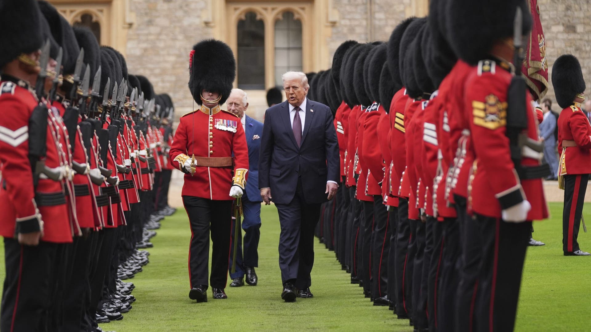 President Donald Trump and King Charles III inspect the guard of honor during an arrival ceremony at Windsor Castle on September 17, 2025.