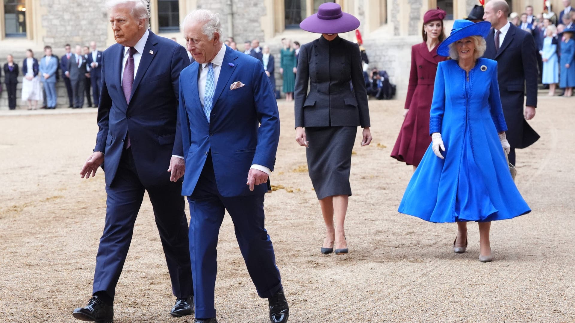 US President Donald Trump and King Charles III, followed by First Lady Melania Trump and Queen Camilla, during the ceremonial welcome at Windsor Castle.