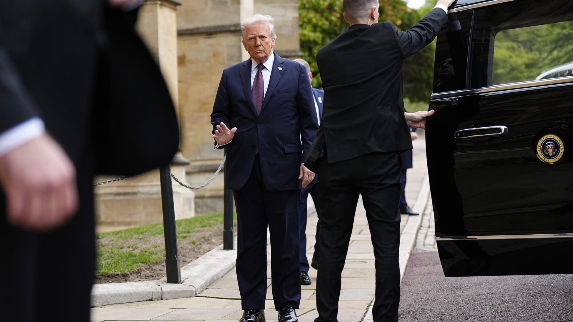 US President Donald Trump arrives at St George's Chapel during his State Visit to Windsor Castle.