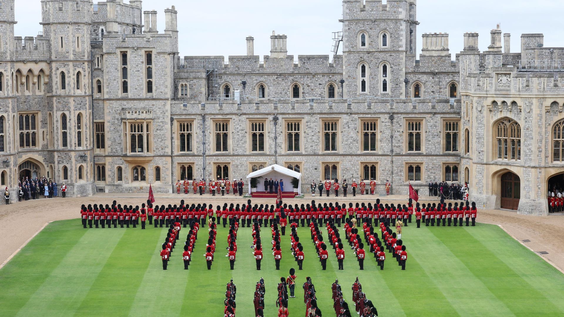 First Lady Melania Trump, President Donald Trump, King Charles III, and Queen Camilla during a ceremonial welcome at Windsor Castle.