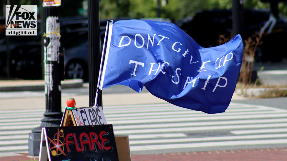 protest flag displayed at union station