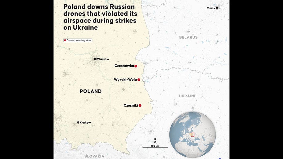 Shows where Russian drones were downed in Poland