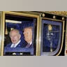 King Charles III and President Donald Trump ride in the carriage procession to Windsor Castle on September 17, 2025.