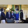 President Donald Trump, first lady Melania Trump, King Charles III, and Queen Camilla view a special display of items from the Royal Collection related to the United States at Windsor Castle