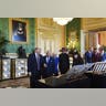 President Donald Trump, first lady Melania Trump, King Charles III, and Queen Camilla view a special exhibit showcasing items from the Royal Collection.