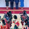 First Lady Melania Trump, President Donald Trump, King Charles III, and Queen Camilla inspect the troops during a ceremonial welcome at Windsor Castle on September 17, 2025.