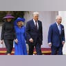 Melania Trump, President Donald Trump, King Charles III, and Queen Camilla walk away from the dias during a ceremonial welcome at Windsor Castle.