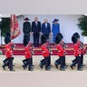 First Lady Melania Trump, President Donald Trump, King Charles III, and Queen Camilla inspect the troops during the ceremonial proceedings at Windsor Castle.