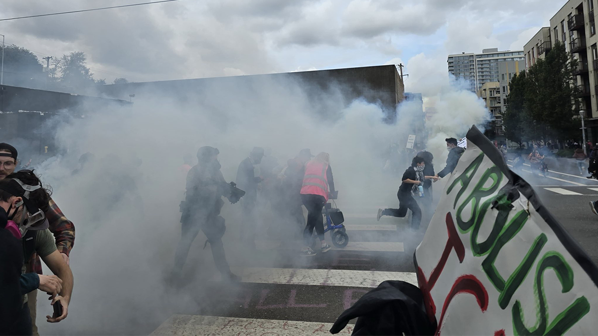 Protesters seen near ICE facility in Portland, Oregon