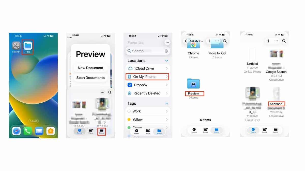 iPhone sākuma ekrāns, kurā ir izcelta lietotne Faili, kam seko darbības lietotnē Faili, lai skenētu un piekļūtu dokumentiem, kas tiek saglabāti lokāli 