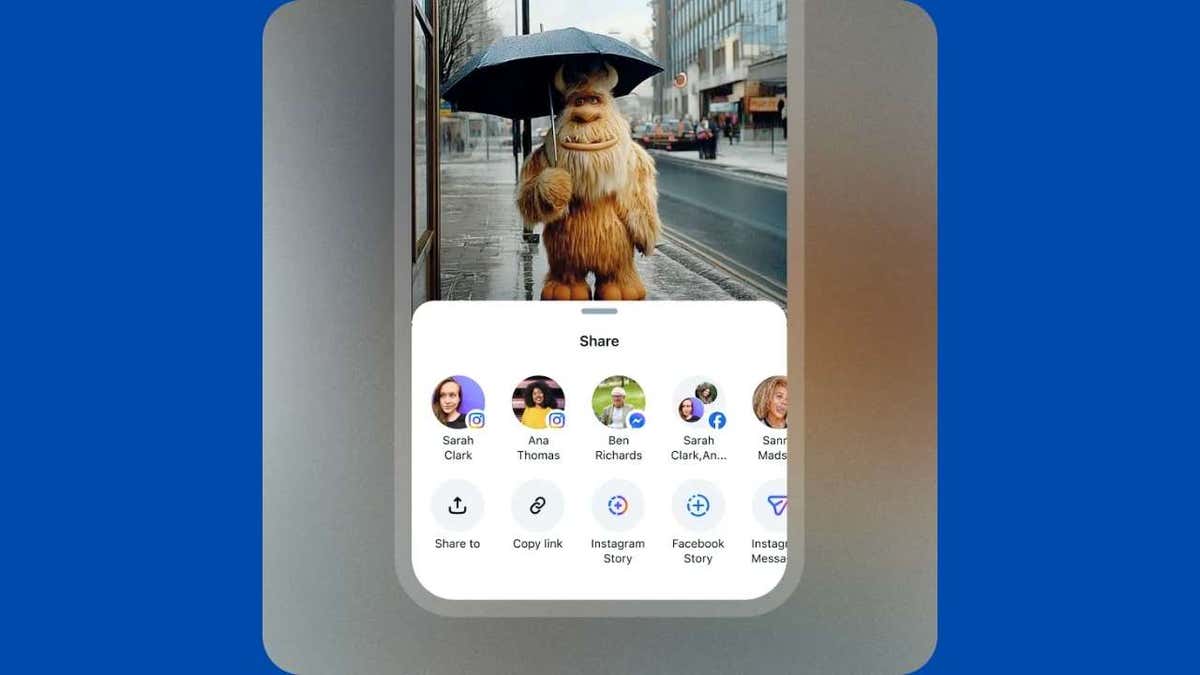 Phone displaying a furry creature under an umbrella with a share sheet overlay showing contacts and apps.