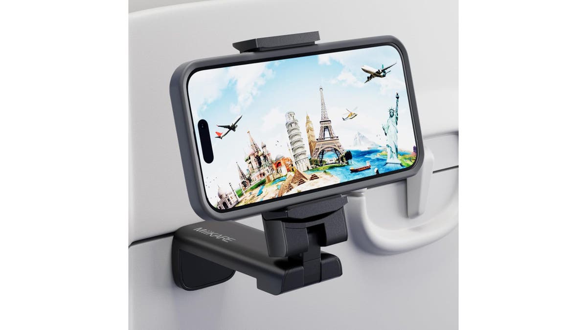 Get caught up on your favorite shows with this phone holder for the airplane.