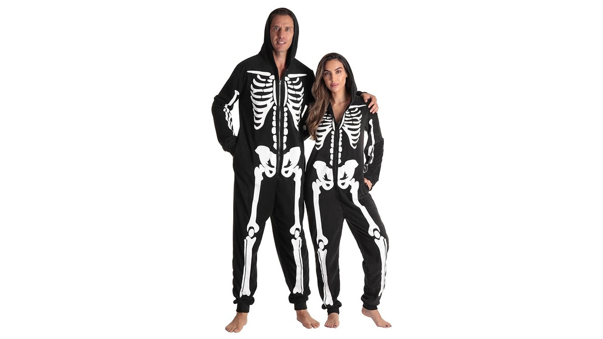 A comfy skeleton onesie makes for a fun costume.