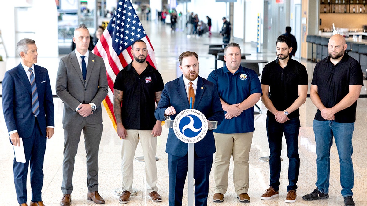 Nick Daniels speaks at a press conference at LaGuardia Airport about air travel disruptions caused by the government shutdown.
