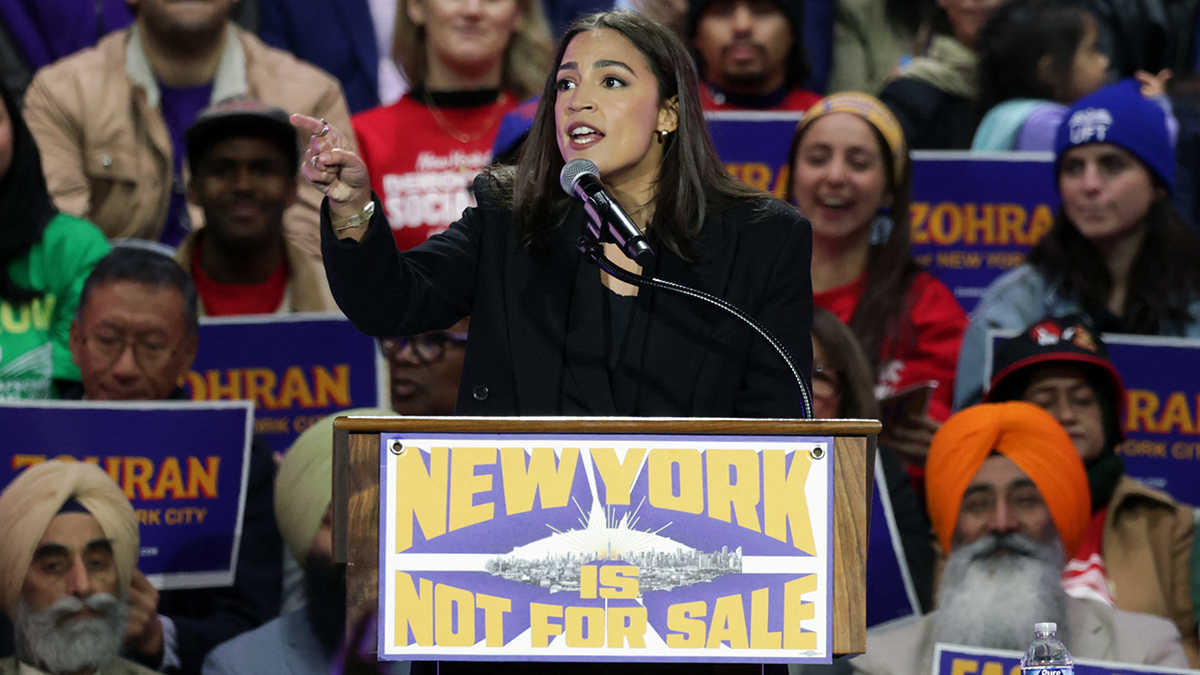 Rep. Alexandria Ocasio-Cortez, D-N.Y., speaks on stage during a campaign rally for New York City mayoral candidate Zohran Mamdani at Forest Hills Stadium in the Queens borough of New York City on Oct. 26, 2025.