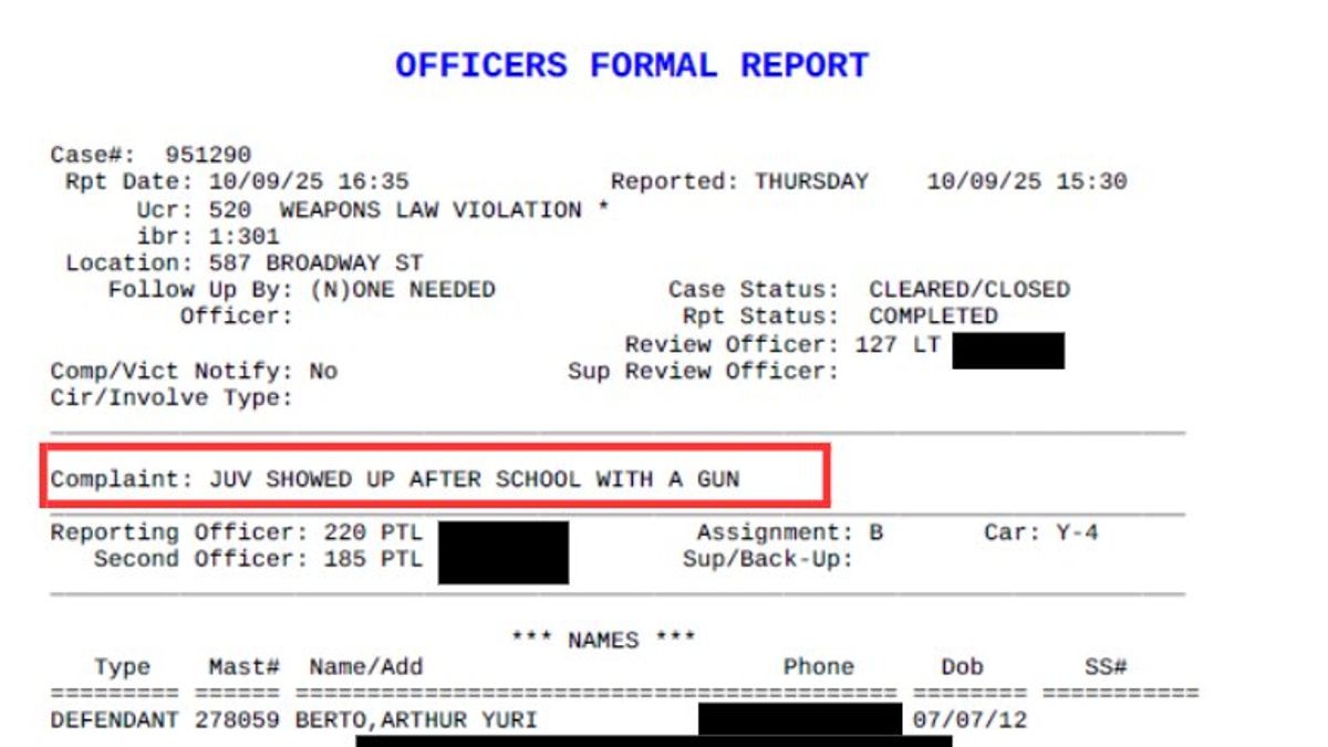 A redacted weapons violation police report