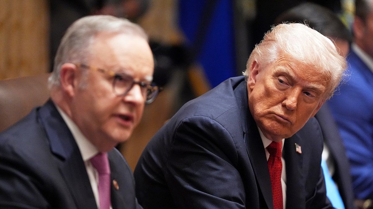 President Donald Trump, right, listens as Australian Prime Minister Anthony Albanese speaks in the Cabinet Room of the White House as the pair prepare to announce a rare earth minerals deal.