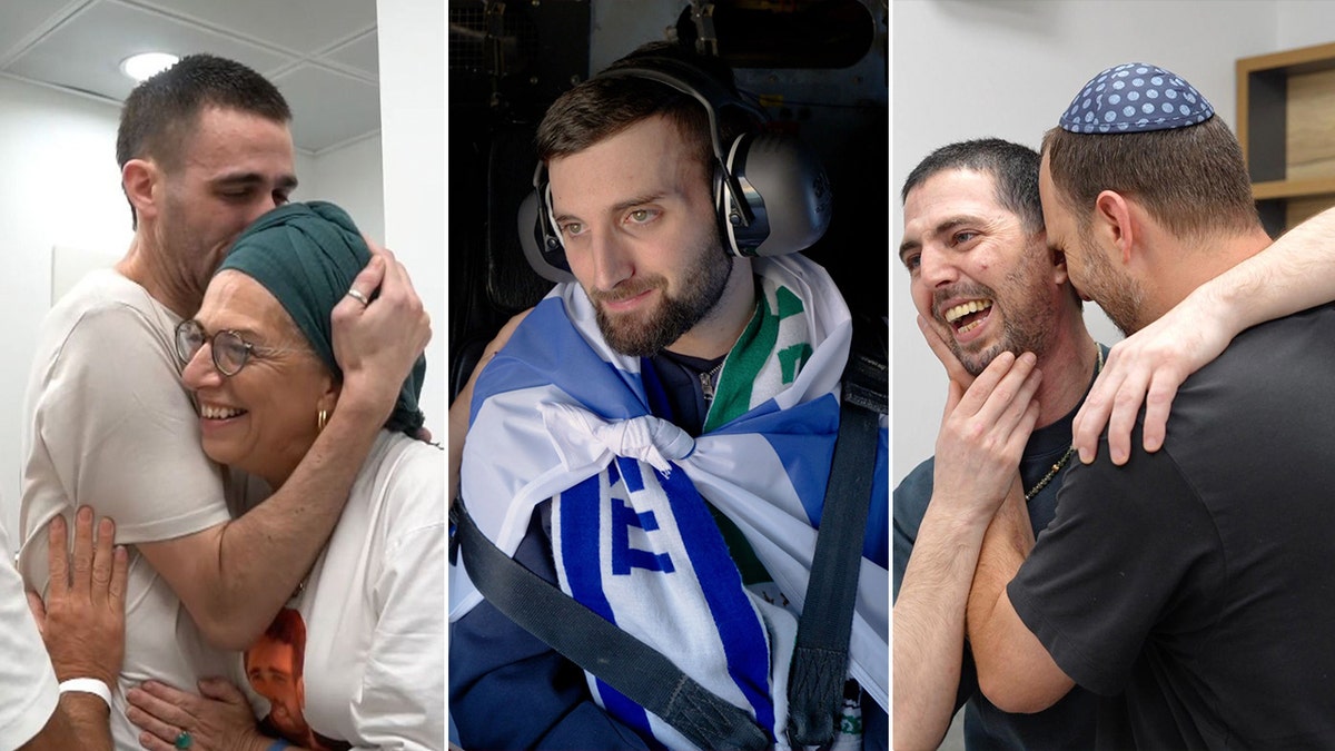 Freed Israeli hostages Avinatan Or, Matan Angrest and Elkana Bohbot shown in shared image