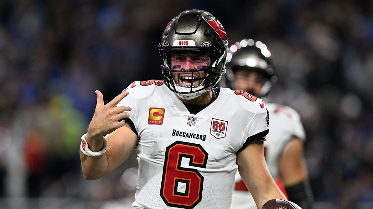 Baker Mayfield reacts during a game