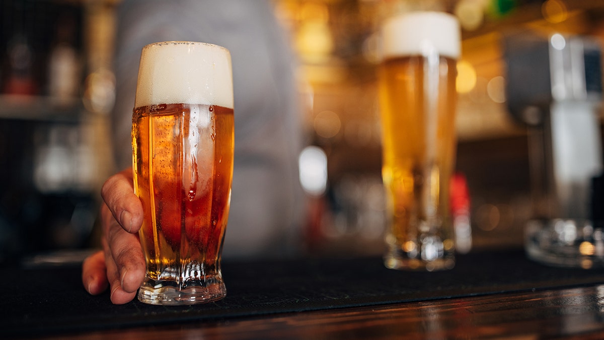Glass filled with fresh light beer on bar counter.