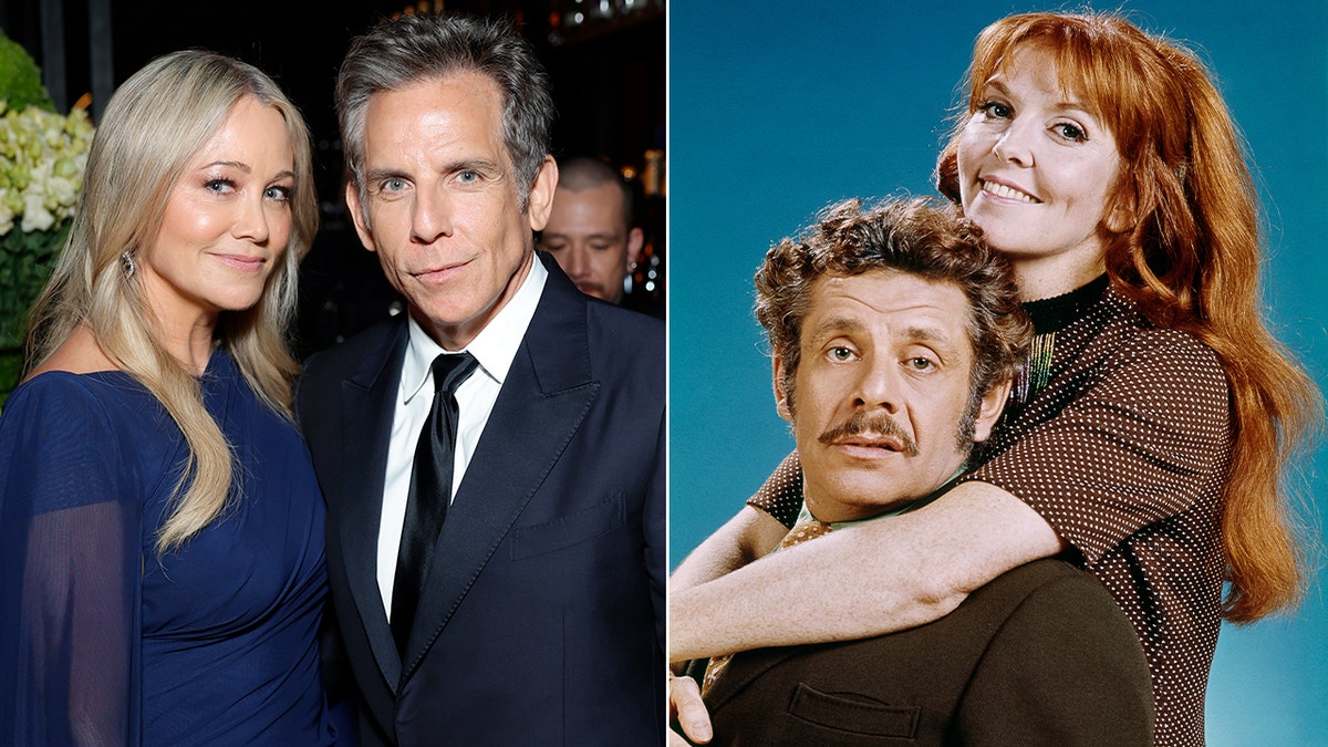 A split image of Ben Stiller and Christine Taylor and Jerry Stiller and Anne Meara.