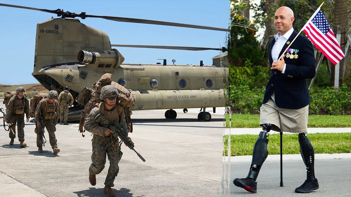 Representante Brian Mast, R-Fla., Al lado de las imágenes de los miembros militares