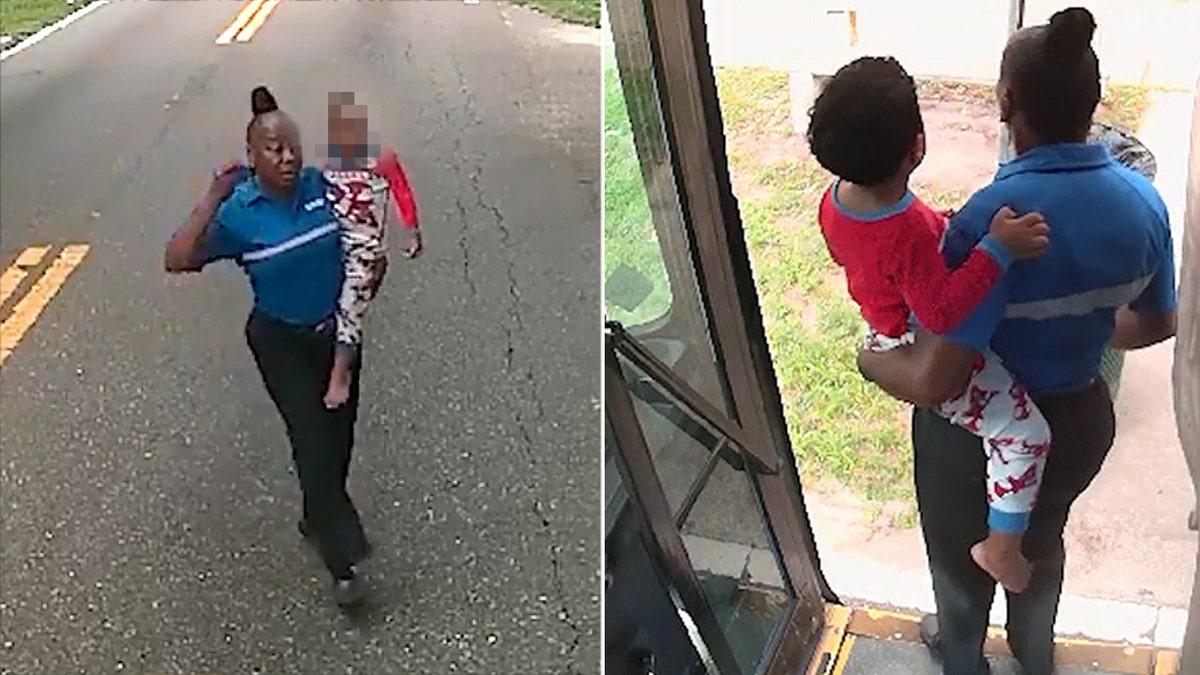 Tampa bus driver Barbara Baker carrying lost child as she crosses the street, at left; at right, she is seen from behind holding him on the bus while they waited for police.