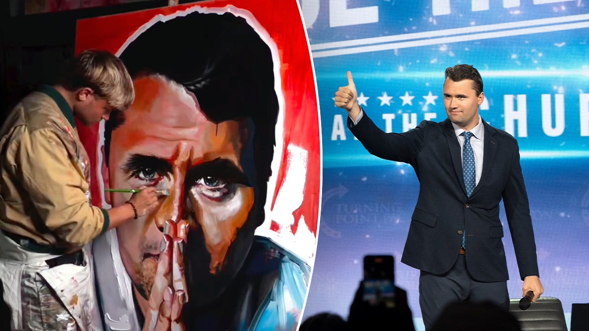 Split image of Charlie Kirk portrait, Charlie Kirk giving thumbs up