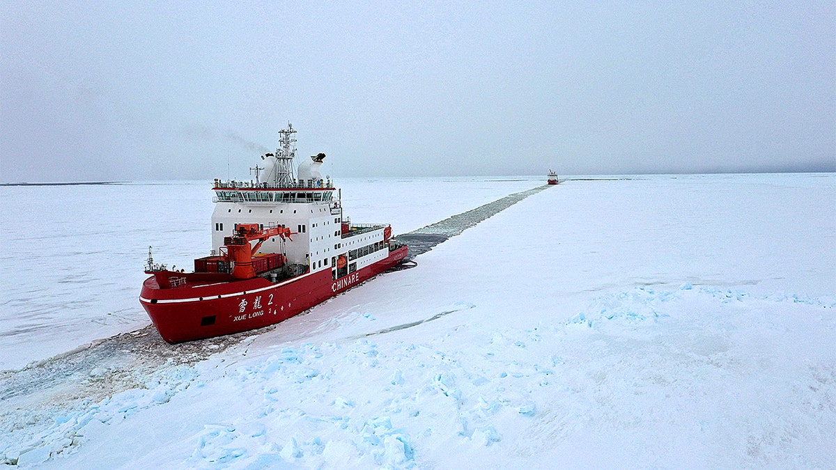 Aerial view of China’s research icebreakers Xuelong and Xuelong 2 breaking through sea ice near Zhongshan Station in Antarctica during the country’s 41st Antarctic expedition.