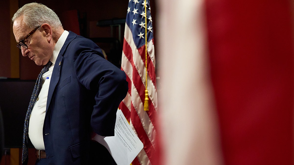 Chuck Schumer looking down at the floor with hands on his hips