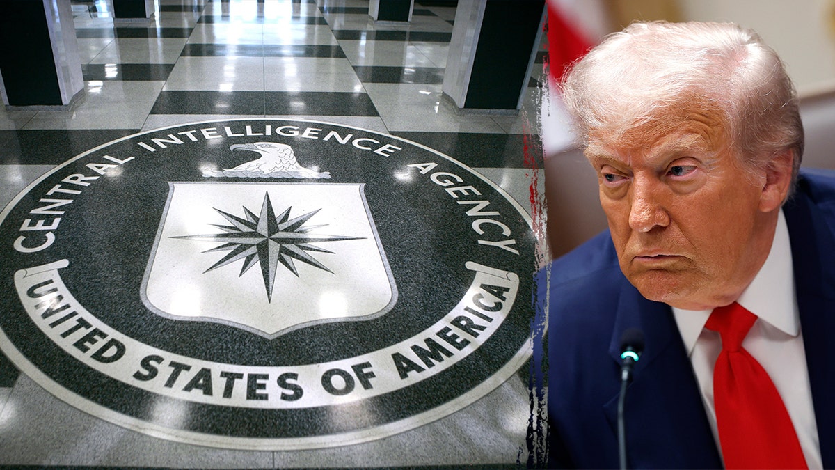 Donald Trump is juxtaposed next to an image of the Central Intelligence Agency's logo