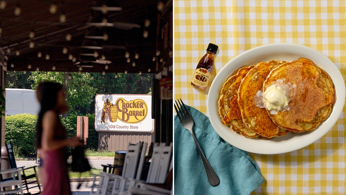 A Cracker Barrel customer enters, left. Cracker Barrel pancakes are shown, right.