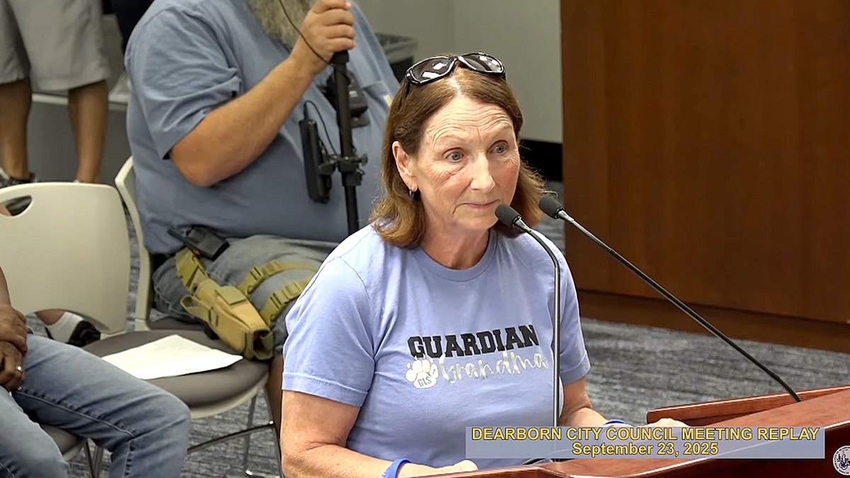 Dearborn, Mi Mostant Andrea Unger speaks at the City Council meeting about the noise law