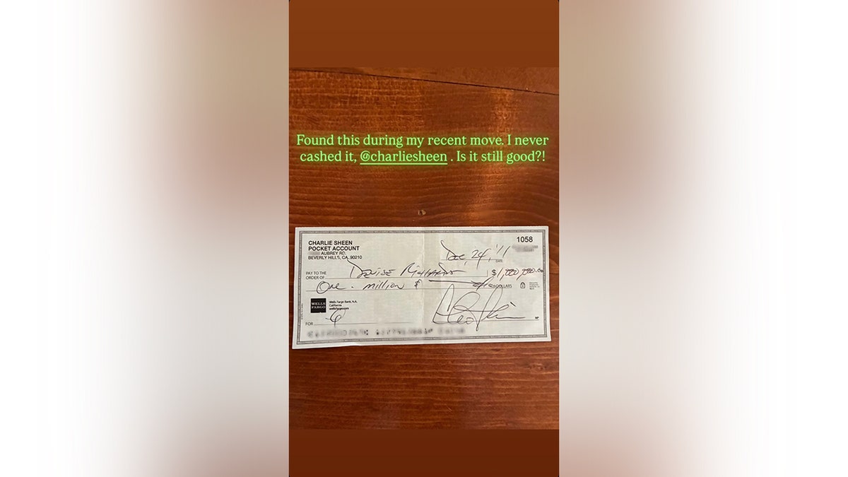 Denise Richards shares image of an uncashed million dollar check from Charlie Sheen