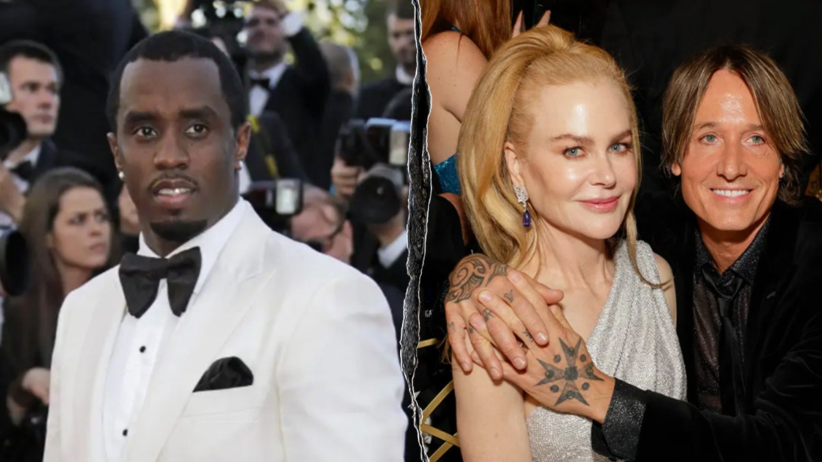 Split photo of Sean "Diddy" Combs posing on a red carpet in a white tuxedo jacket; Nicole Kidman and Keith Urban sit together smiling at a formal dinner during the 82nd Annual Golden Globe Awards.