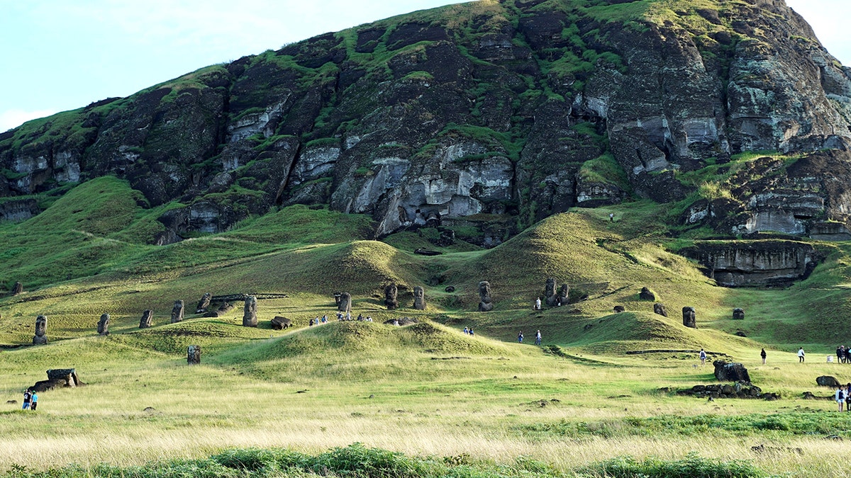 Moai heads seen on mountain